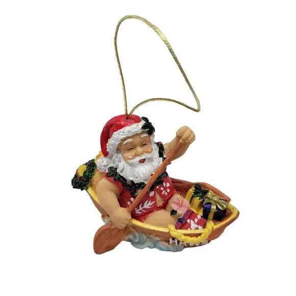 Hawaiian Santa Claus Rowing Canoe Christmas Ornament Festive Tree Décor Hand-Pai - Picture 2 of 15